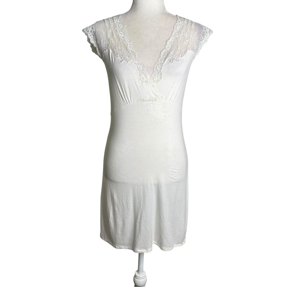 Frette Italy White Lace Longuette Nightgown Small Stretch Luxury Modal